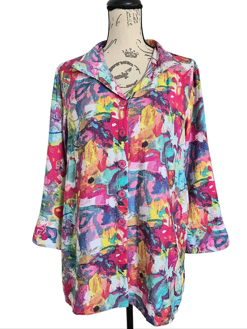 Ali Miles Abstract Button Tunic shirt M Wire Collar Zipper Art to wear lagenlook